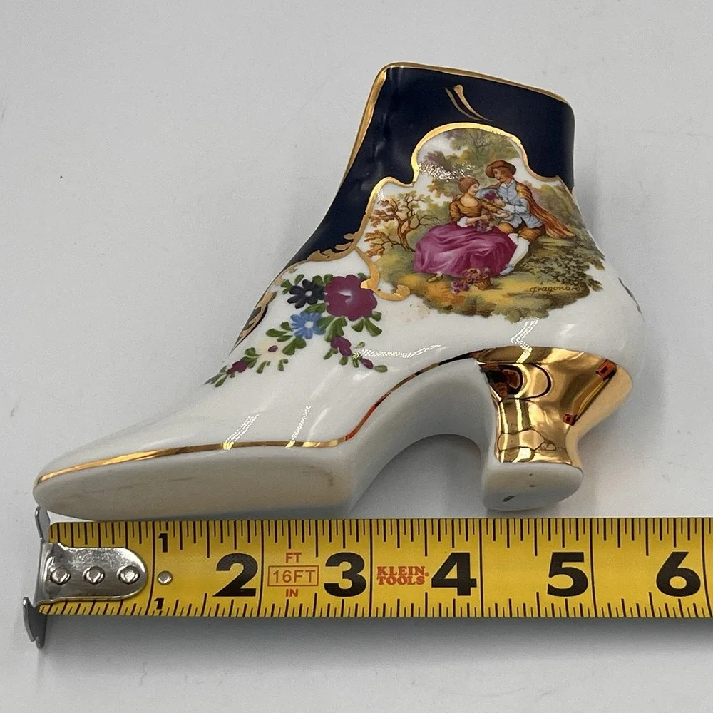 Vintage Porcelain Shoe Figurine Courting Couple Gold Trim Heel Ornate Grannycore